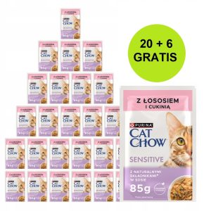 PURINA Cat Chow Sensitive lohella ja kesäkurpitsalla kastikkeessa - kissan märkäruoka - 26x85g (20 + 6 ILMAISEKSI)