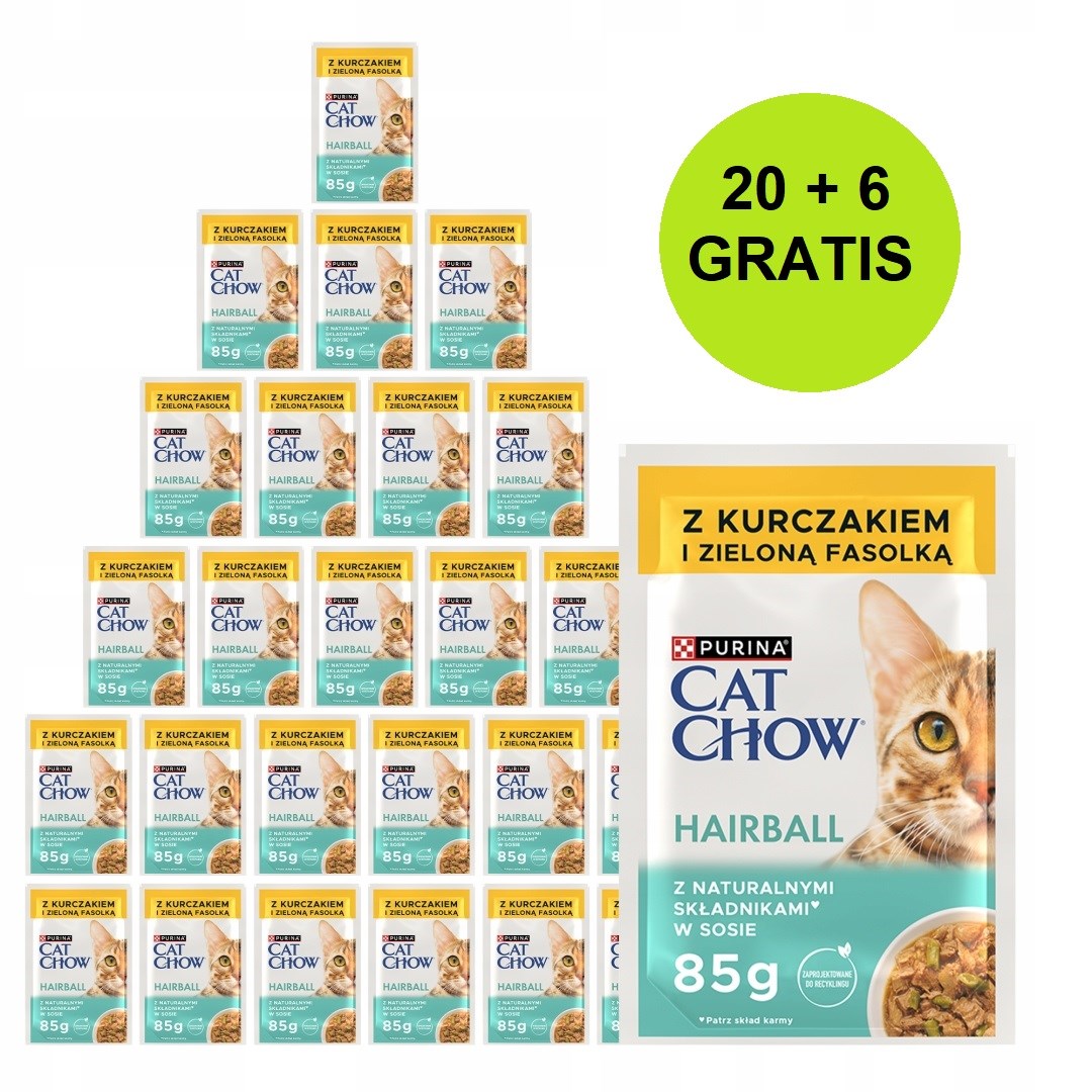PURINA Cat Chow Hairball Control kanaa ja vihreitä papuja kastikkeessa - kissan märkäruoka - 26x85g (20 + 6 ILMAISEKSI)