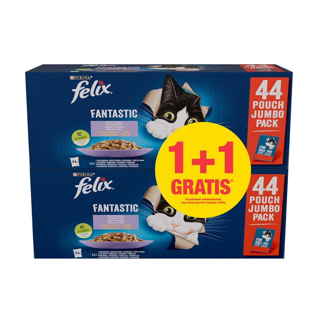 PURINA Felix Fantastic valikoima makuja hyytelössä - kissan märkäruoka - 44x85g + 44x85g ILMAISEKSI