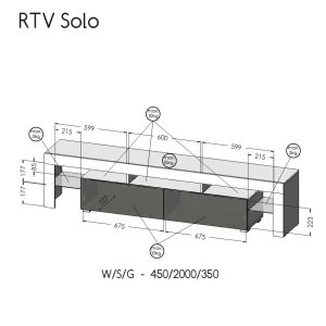 RTV SOLO -kaappi 200x45x35 harmaa/kiiltävä valkoinen