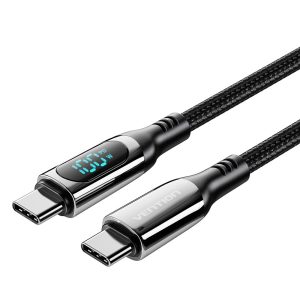 Tuuletus puuvillapunottu USB 2.0 C uros C uros 5A kaapeli LED-näytöllä 1,2 M musta sinkkiseostyyppi