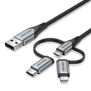 Vention USB 2.0 A uros ja 3-in-1 Micro-B&USB-C&Lightning-uroskaapeli 1 M harmaa alumiiniseostyyppi