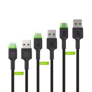 Green Cell Set 3x GC Ray USB-C kaapeli 30cm, 120cm, 200cm vihreällä LED-taustavalolla, pikalataus UC, QC 3.0