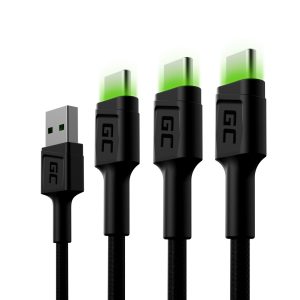 Green Cell Set 3x Ray USB-C 120cm kaapeli vihreällä LED-taustavalolla, pikalataus Ultra Charge, QC 3.0