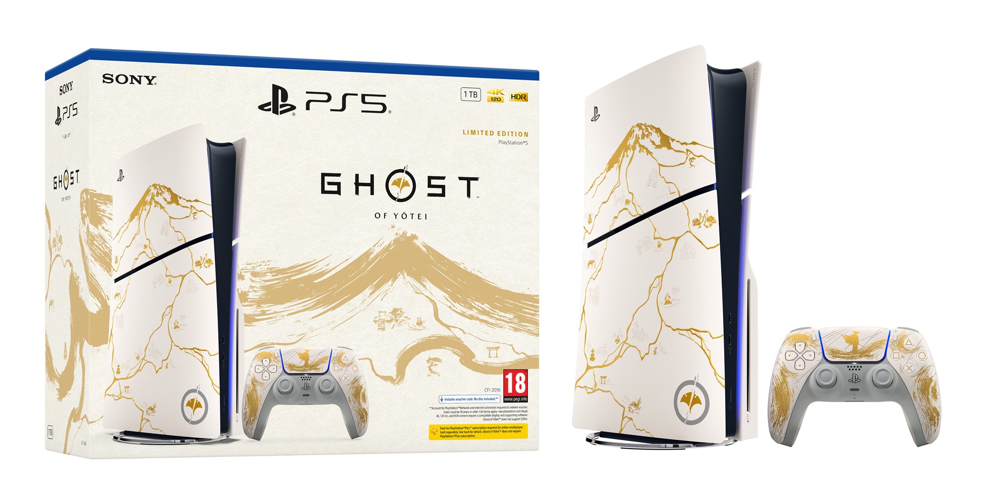 Sony PlayStation 5 -konsoli - Ghost of Yotei Gold Limited Edition -paketti (malliryhmä - ohut)