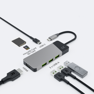 GREEN CELL HUB USB-C-SOVITIN GC CONNECT 7W1 (3XUSB 3.1, HDMI 4K 60HZ, USB-C PD 85W, MICROSD/SD)