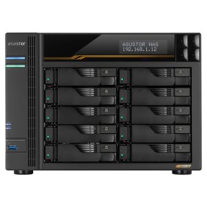Asustor AS6810T NAS; Torni; 10x (3,5" SATA HDD / 2,5" SSD); AMD Ryzen Embedded V3C14; 16 Gt ECC DDR5 SODIMM (max. 64 Gt), 2 x 10 GbE, 2 x 5 GbE, 4 x M.2 2280 NVMe PCIe 4.0, 2 x USB4, 2 x USB 3.2 Gen, 1 x valinnainen 10 GbE kortti